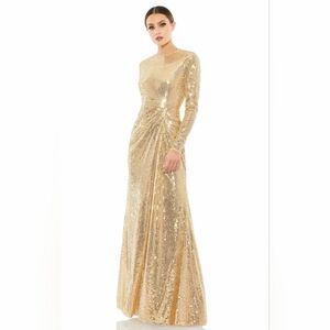 Mac Duggal 10824 Sequined High Neck Long Sleeve Draped Gown Gold Size 14 Woman's